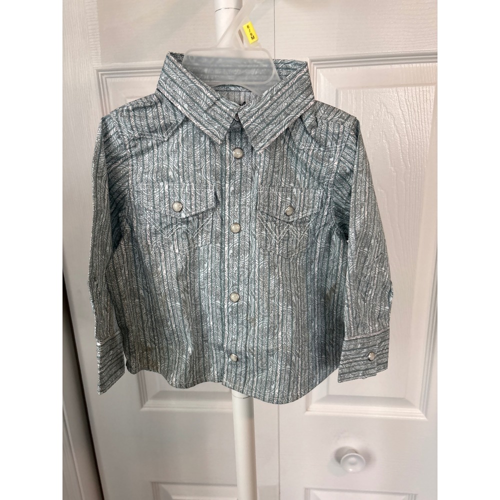Infant Boys Western Snap Shirt Grey White Paisley Stripe Long Sleeve Size 6-9M